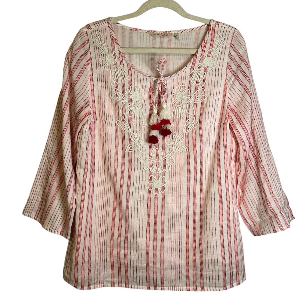 Soft Surroundings Salma Embroidered Tassel
Peasant Blouse Boho Coastal Small